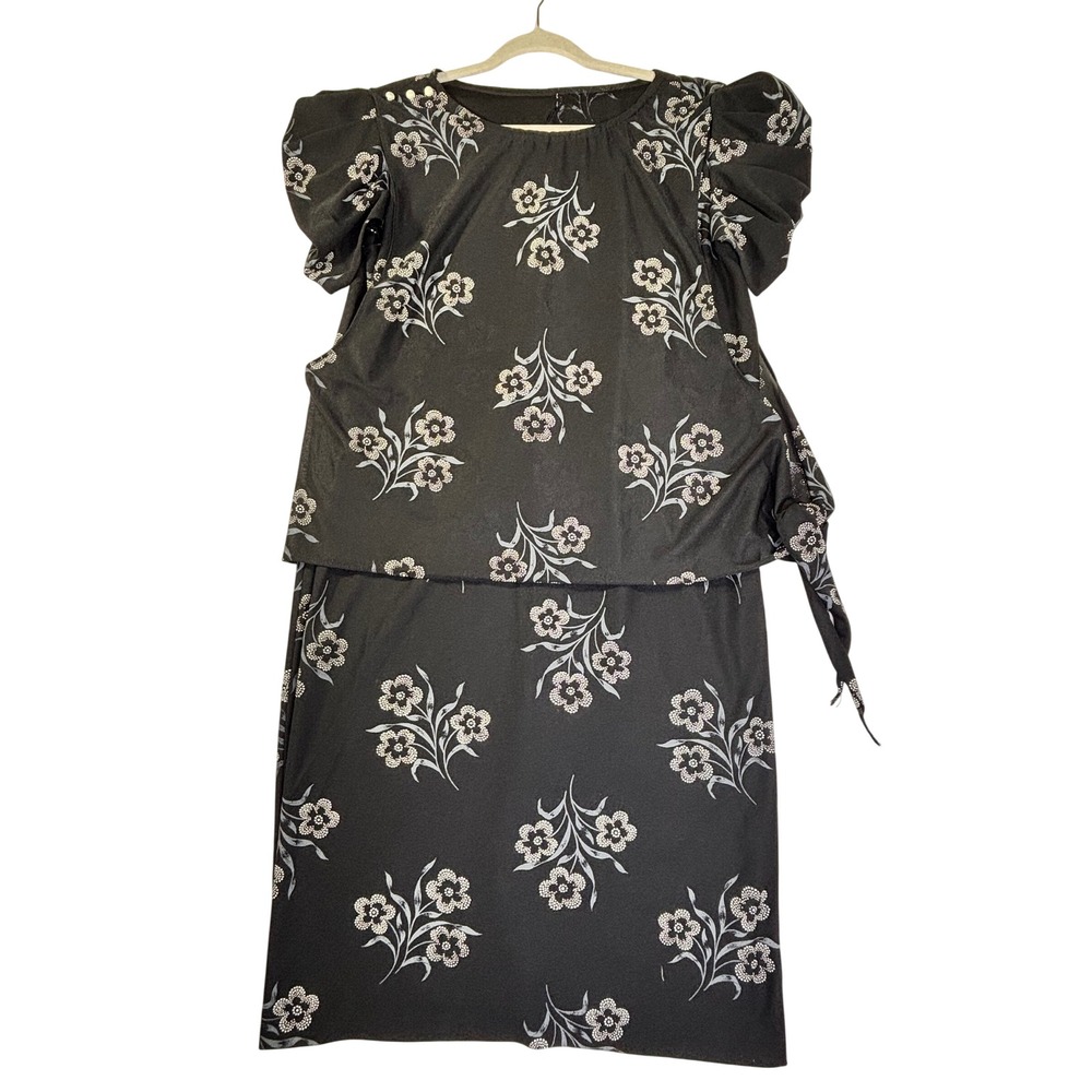 Vintage Glamax Floral Midi Dress Black White Puff Sleeve Side Tie Made in USA 20